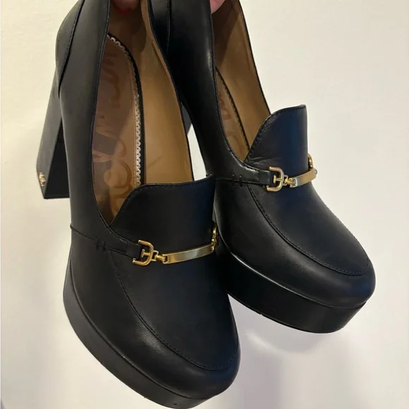 Sam Edelman Y2K stacked chunky black leather gold buckle loafers sz 10 - Picture 4 of 9